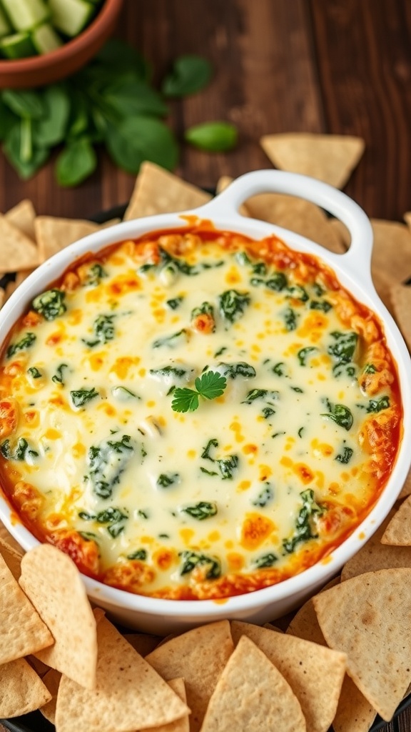 Creamy spinach and artichoke dip in a baking dish with tortilla chips on the side.